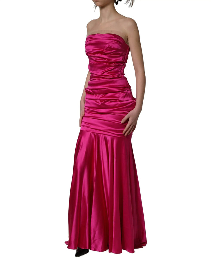 Dolce & Gabbana Sample Sale | Dolce & Gabbana Hot Pink Ruched Satin Strapless Gown Dress - | Designer outlet