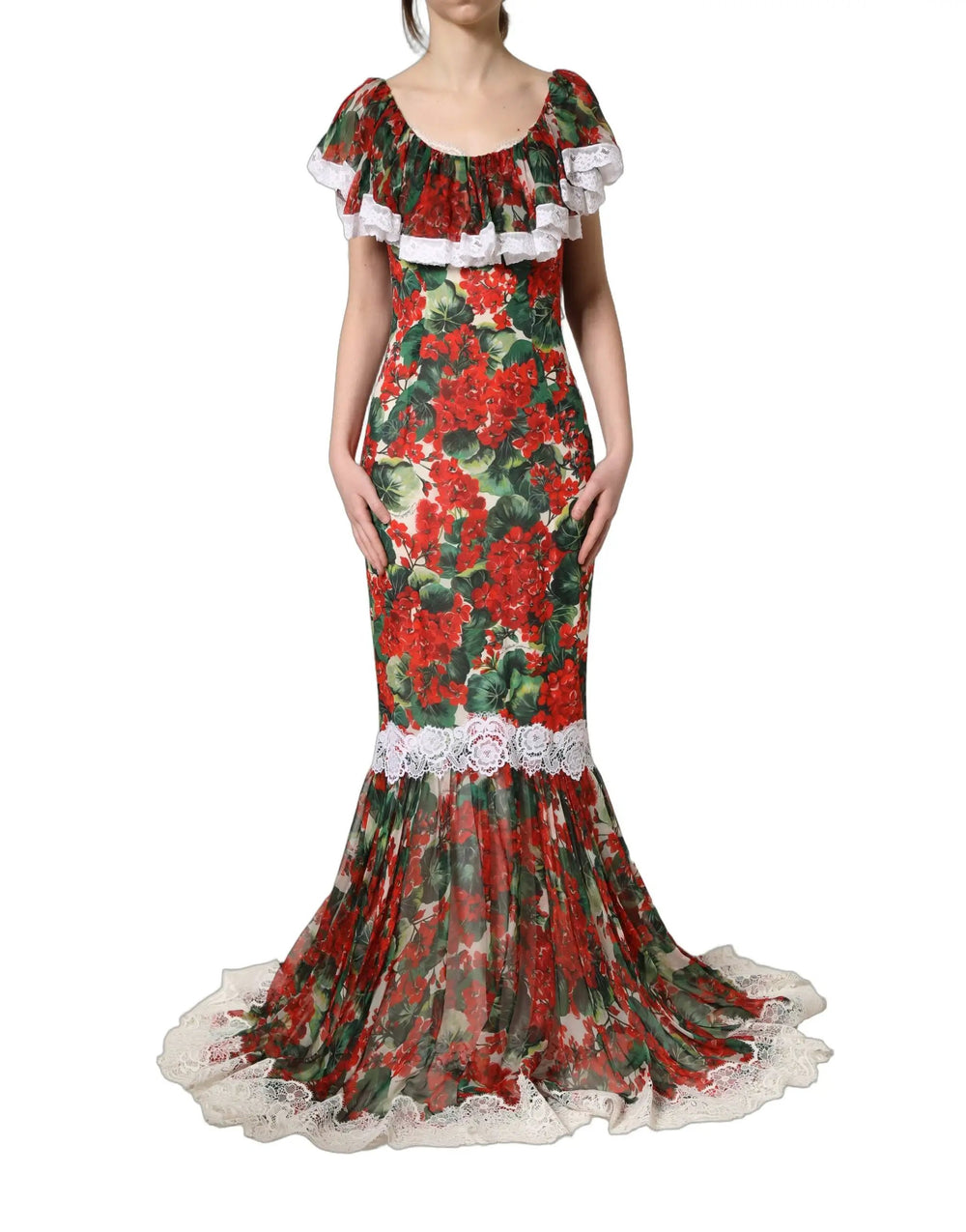 Dolce & Gabbana Sample Sale | Dolce & Gabbana Multicolor Geranium Flower Lace Maxi Dress - | Designer outlet