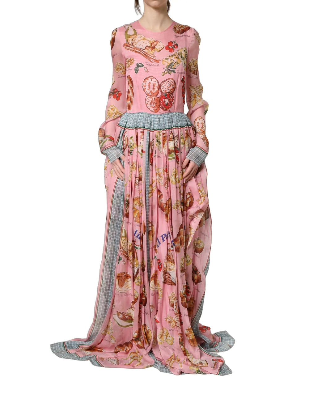 Dolce & Gabbana Sample Sale | Dolce & Gabbana Light Pink Bread Print Pleated Maxi Dress - | Designer outlet