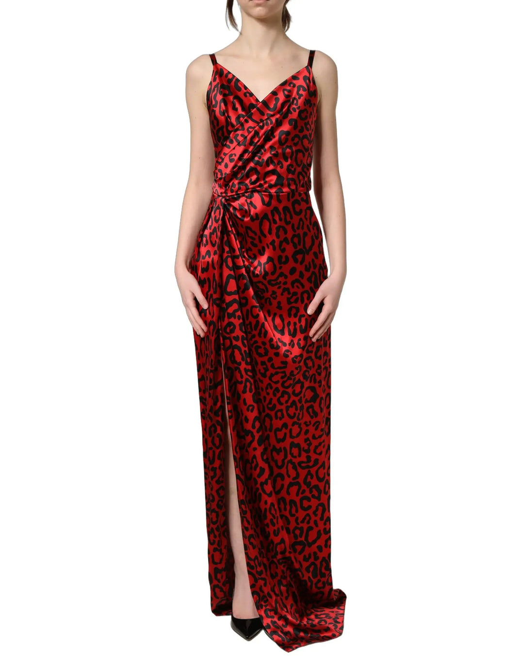 Dolce & Gabbana Sample Sale | Dolce & Gabbana Red Leopard Draped Sleeveless Maxi Dress - | Designer outlet