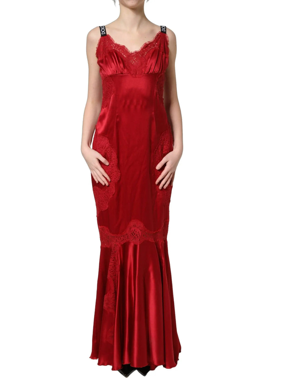 Dolce & Gabbana Sample Sale | Dolce & Gabbana Red Silk Sleeveless Maxi Long Lace Trim Dress - | Designer outlet