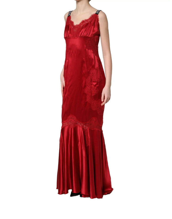 Dolce &amp; Gabbana Sample Sale | Dolce &amp; Gabbana Red Silk Sleeveless Maxi Long Lace Trim Dress - | Designer outlet