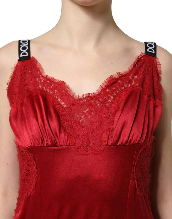 Dolce &amp; Gabbana Sample Sale | Dolce &amp; Gabbana Red Silk Sleeveless Maxi Long Lace Trim Dress - | Designer outlet