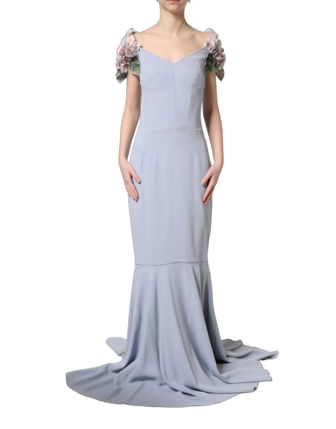 Dolce & Gabbana Sample Sale | Dolce & Gabbana Light Blue Hydrangea Embellished Cap Sleeve Dress - | Designer outlet