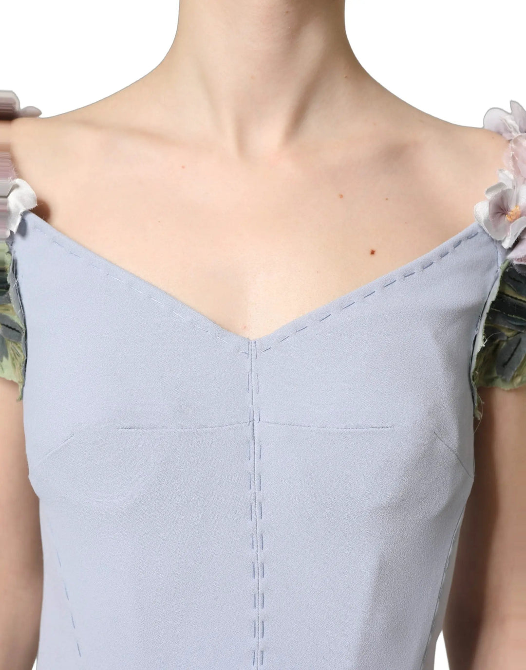 Dolce &amp; Gabbana Sample Sale | Dolce &amp; Gabbana Light Blue Hydrangea Embellished Cap Sleeve Dress - | Designer outlet