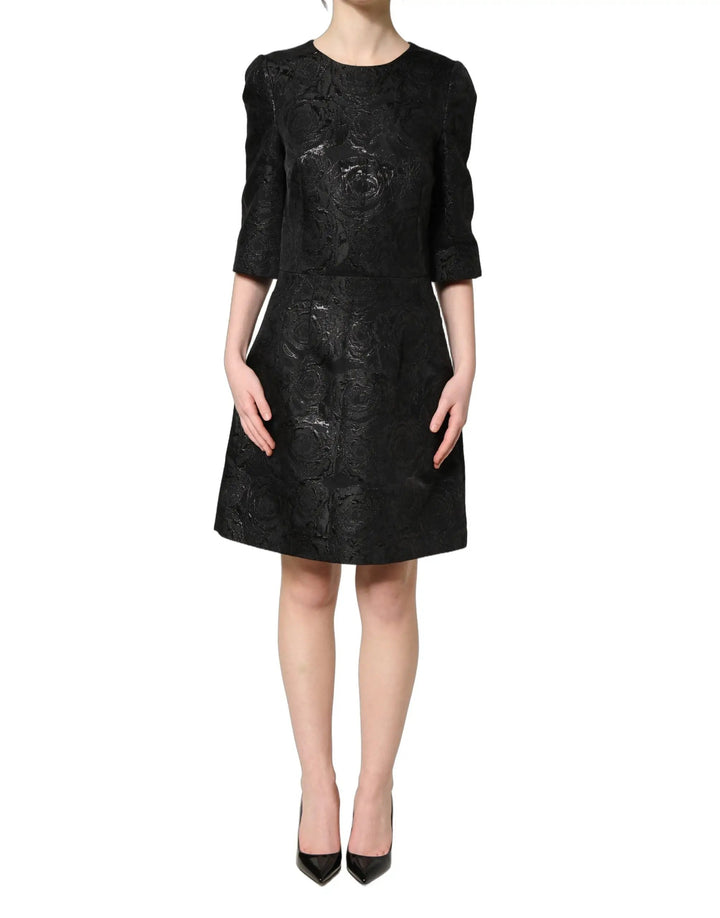 Dolce & Gabbana Sample Sale | Dolce & Gabbana Black Floral Jacquard Flared A-line Dress - | Designer outlet