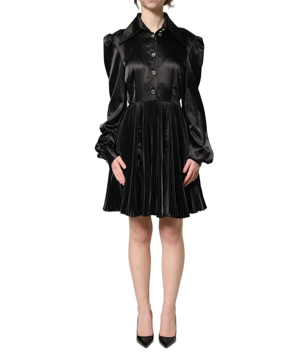 Dolce & Gabbana Sample Sale | Dolce & Gabbana Black Satin Long Puff Sleeves Pleated Dress - | Designer outlet