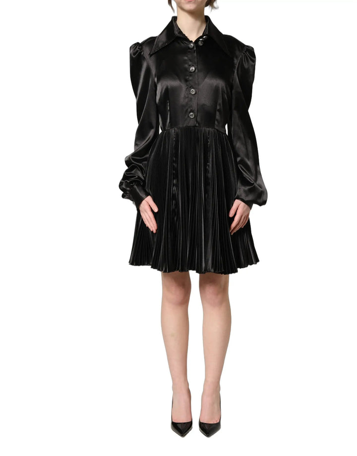 Dolce & Gabbana Sample Sale | Dolce & Gabbana Black Satin Long Puff Sleeves Pleated Dress - | Designer outlet
