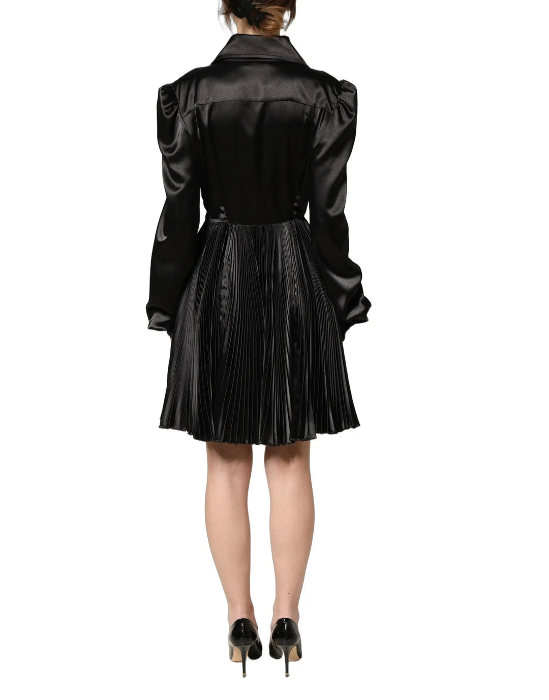 Dolce & Gabbana Sample Sale | Dolce & Gabbana Black Satin Long Puff Sleeves Pleated Dress - | Designer outlet