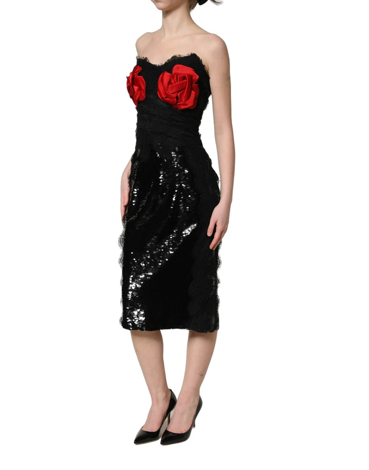 Dolce &amp; Gabbana Sample Sale | Dolce &amp; Gabbana Black Strapless Red Rose Sequined Midi Dress - | Designer outlet