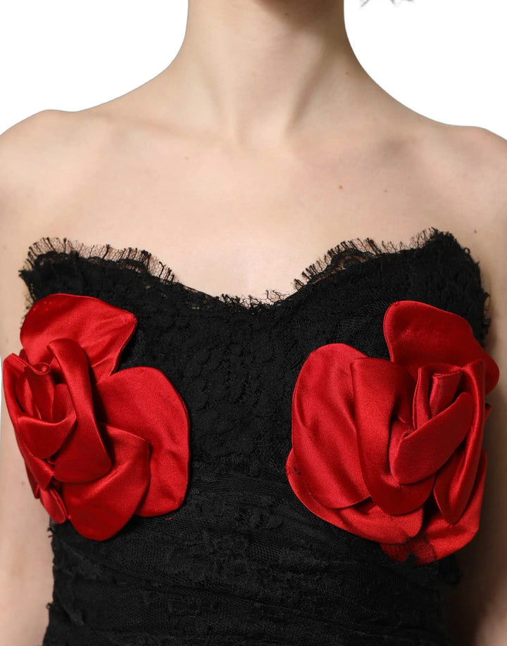 Dolce &amp; Gabbana Sample Sale | Dolce &amp; Gabbana Black Strapless Red Rose Sequined Midi Dress - | Designer outlet