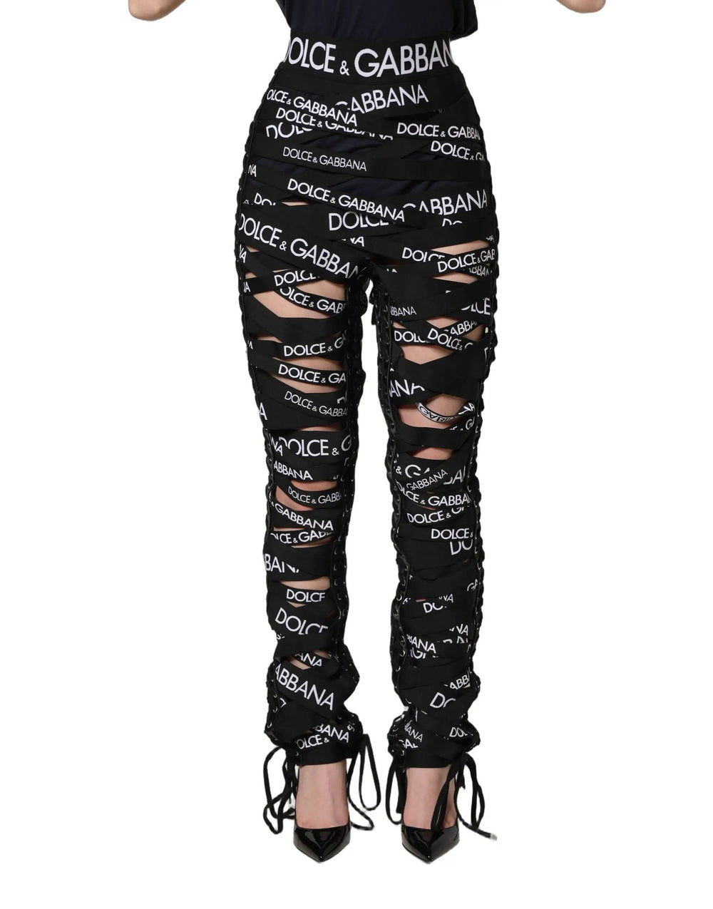 Dolce & Gabbana Sample Sale | Dolce & Gabbana Black Logo Tape Cut Out Skinny High Waist Pants - | Designer outlet