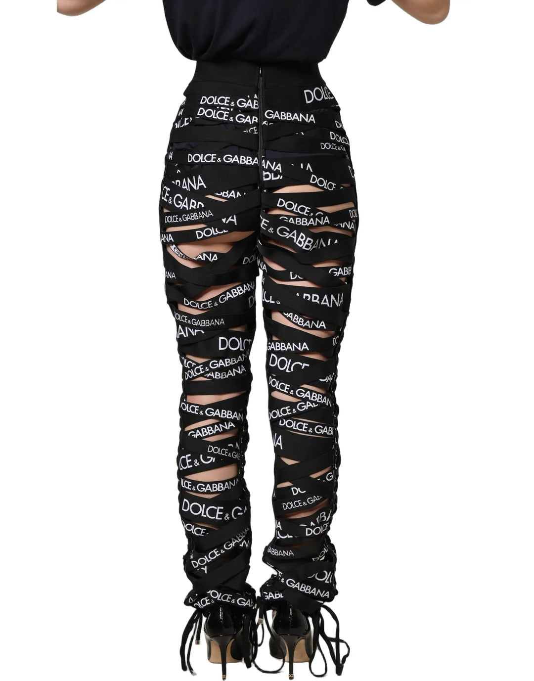 Dolce & Gabbana Sample Sale | Dolce & Gabbana Black Logo Tape Cut Out Skinny High Waist Pants - | Designer outlet