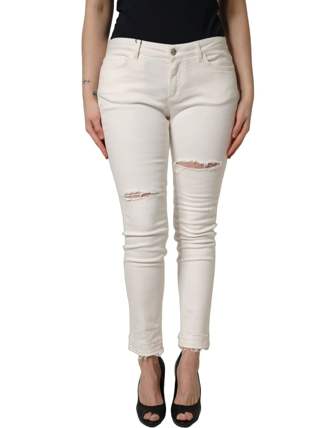 Dolce & Gabbana Sample Sale | Dolce & Gabbana White Tattered Skinny Cotton Denim Jeans - | Designer outlet