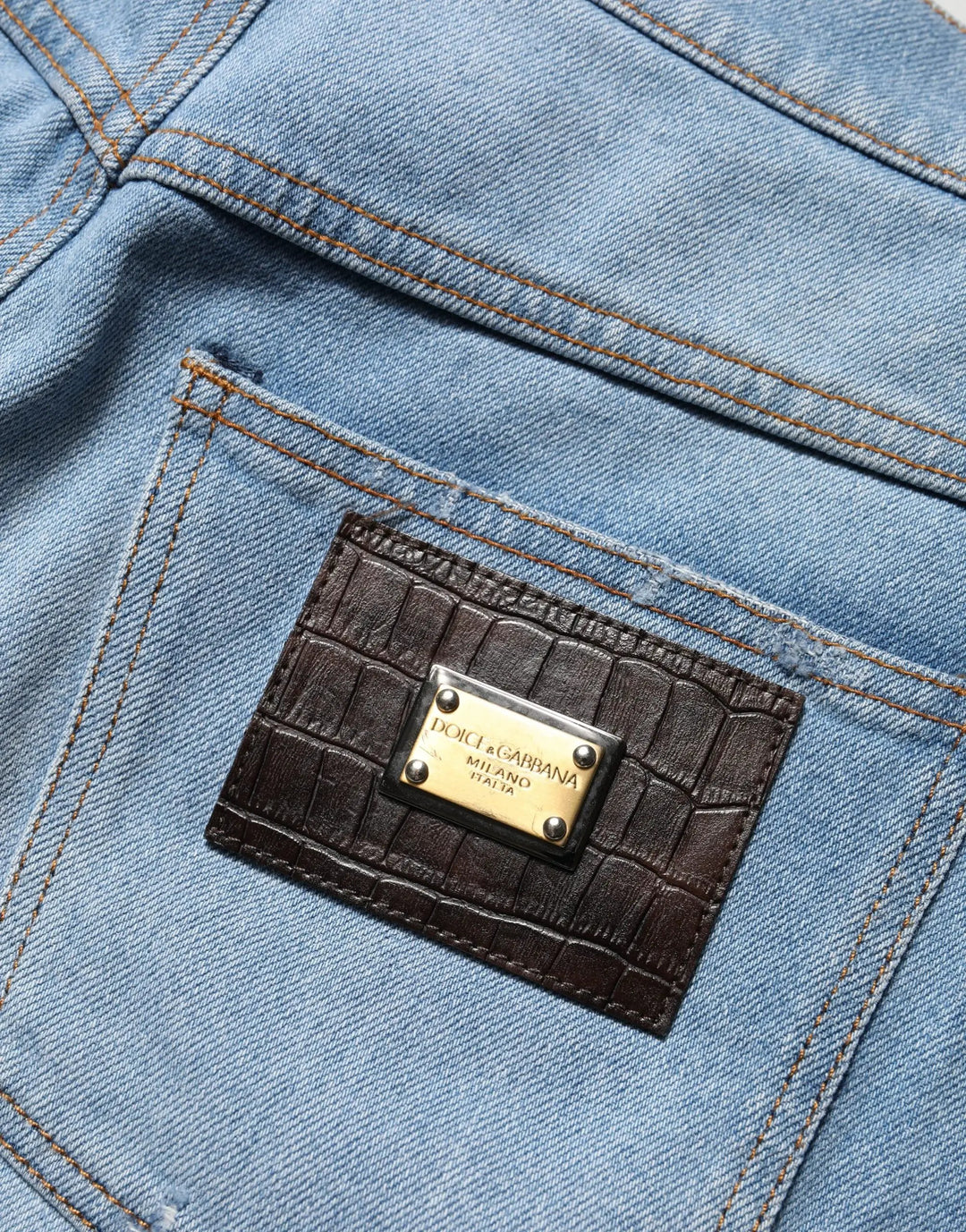 Dolce &amp; Gabbana Sample Sale | Dolce &amp; Gabbana Blue Distressed Pleated Cotton Denim Jeans - | Designer outlet