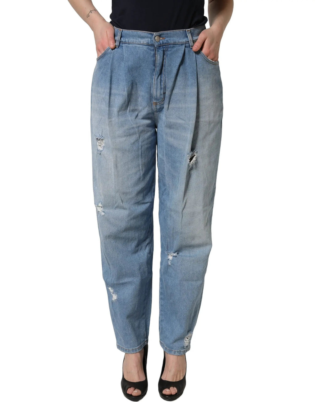 Dolce & Gabbana Sample Sale | Dolce & Gabbana Blue Distressed Pleated Cotton Denim Jeans - | Designer outlet