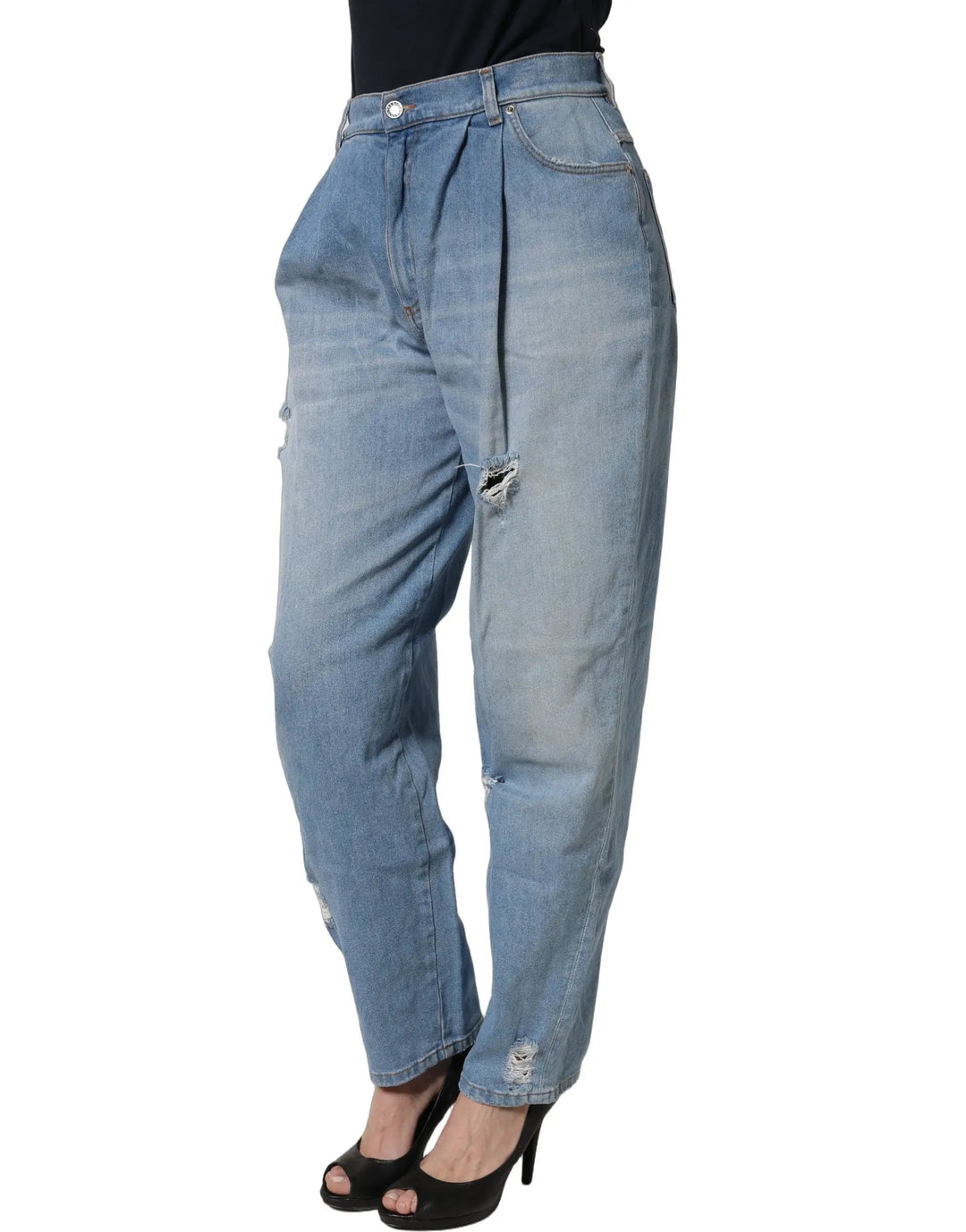 Dolce &amp; Gabbana Sample Sale | Dolce &amp; Gabbana Blue Distressed Pleated Cotton Denim Jeans - | Designer outlet