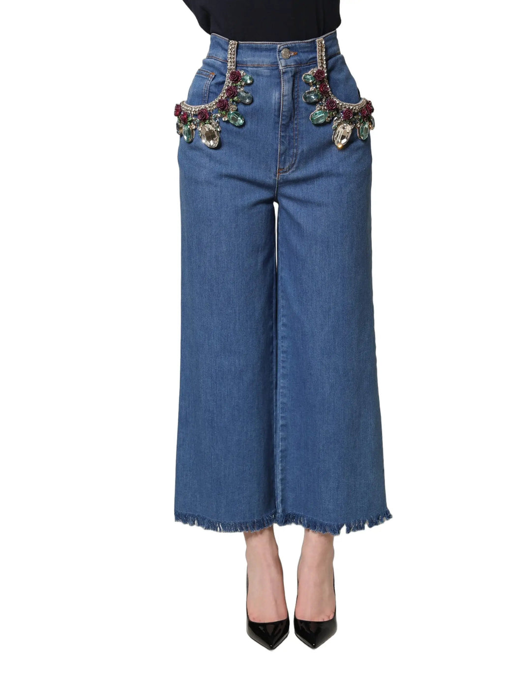 Dolce & Gabbana Sample Sale | Dolce & Gabbana Blue Embellished Wide Cropped Denim Jeans - | Designer outlet