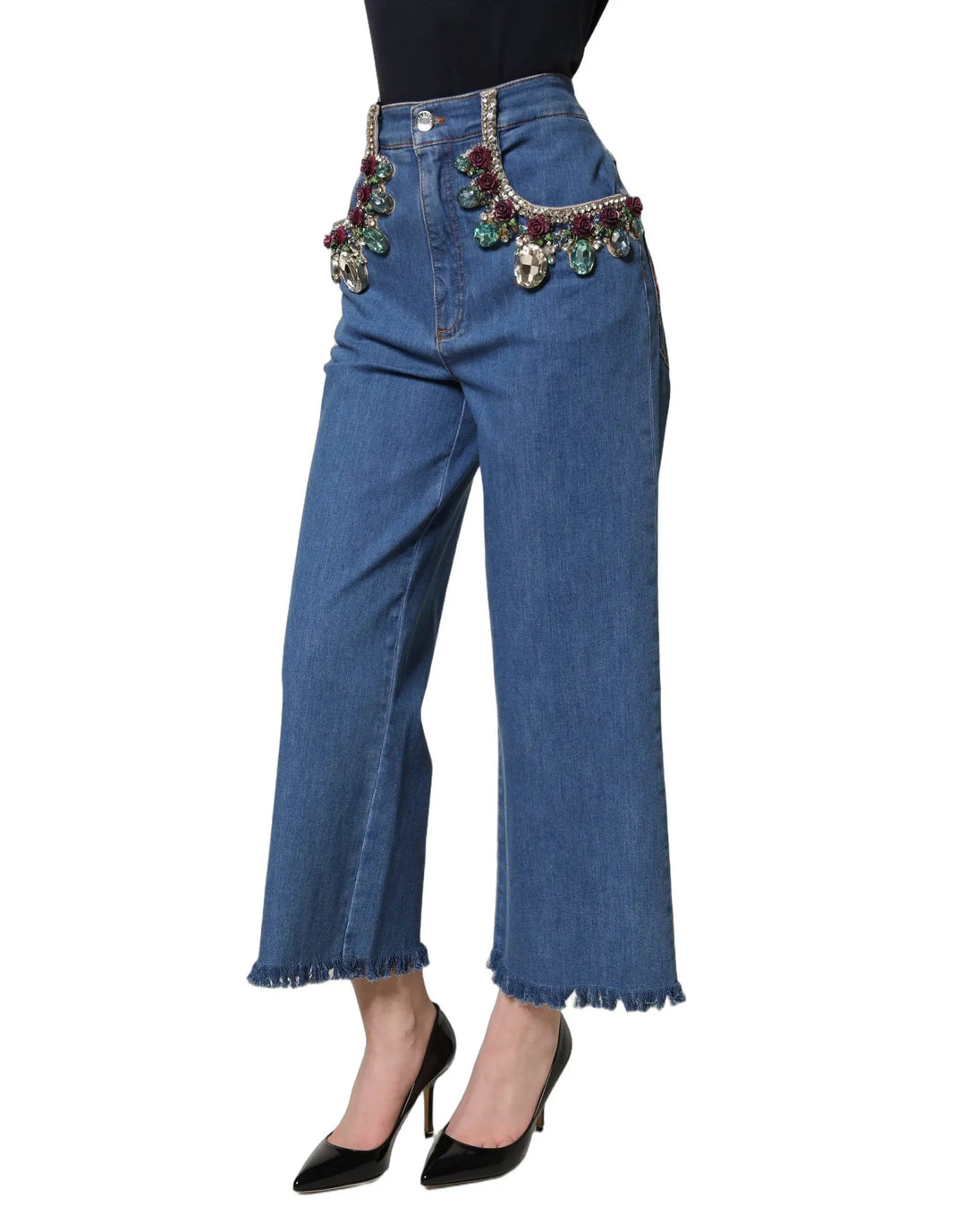 Dolce & Gabbana Sample Sale | Dolce & Gabbana Blue Embellished Wide Cropped Denim Jeans - | Designer outlet