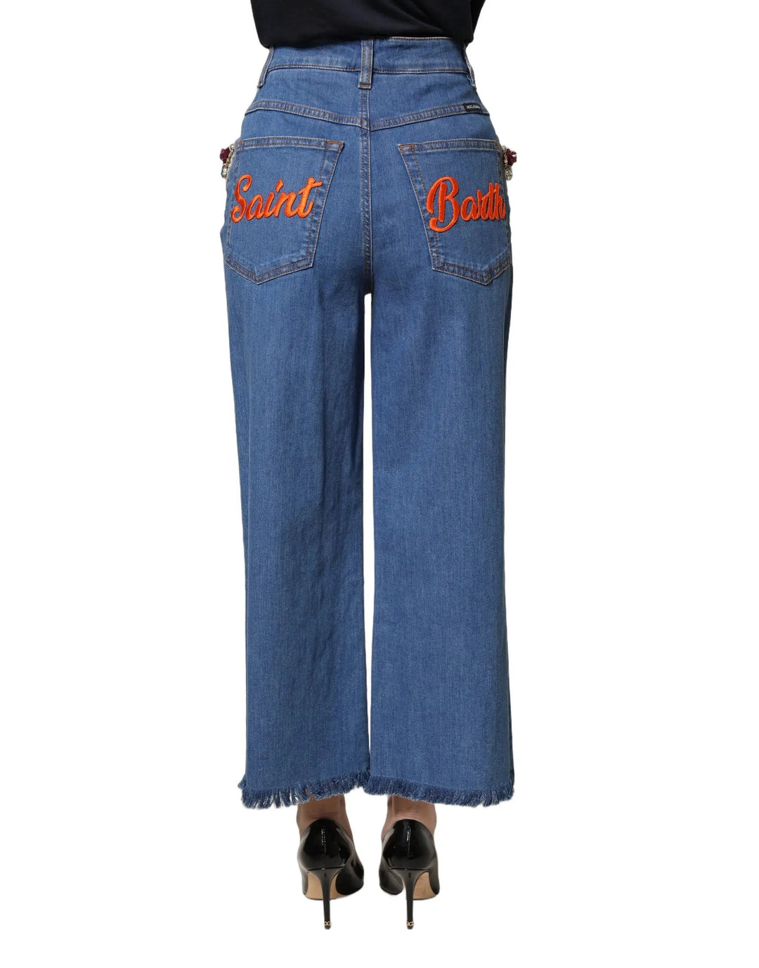 Dolce & Gabbana Sample Sale | Dolce & Gabbana Blue Embellished Wide Cropped Denim Jeans - | Designer outlet