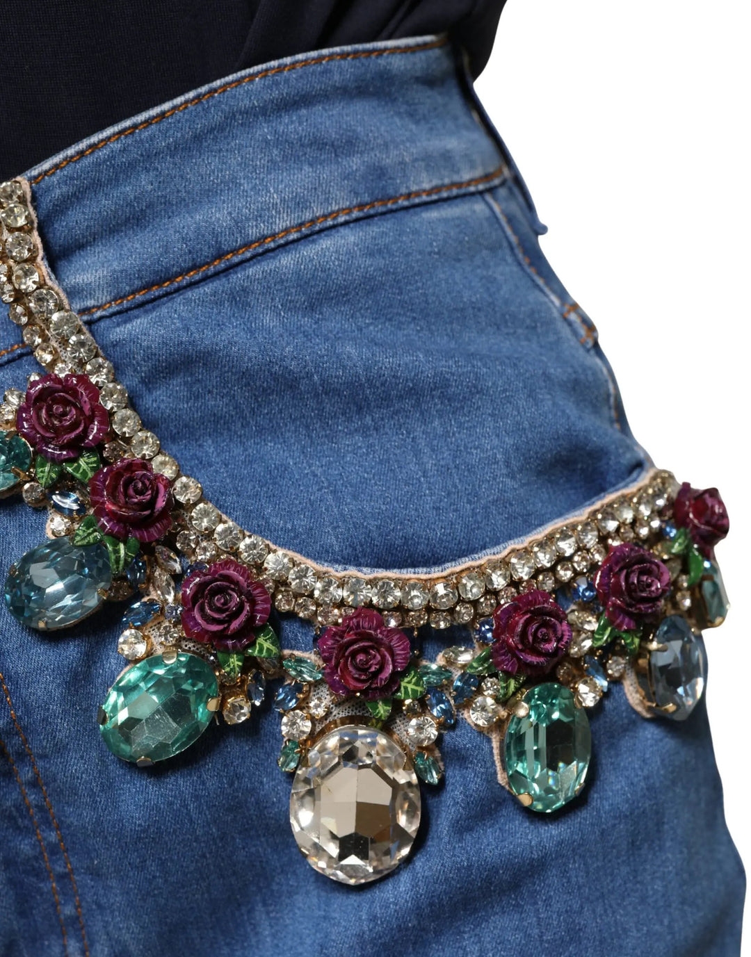Dolce & Gabbana Sample Sale | Dolce & Gabbana Blue Embellished Wide Cropped Denim Jeans - | Designer outlet
