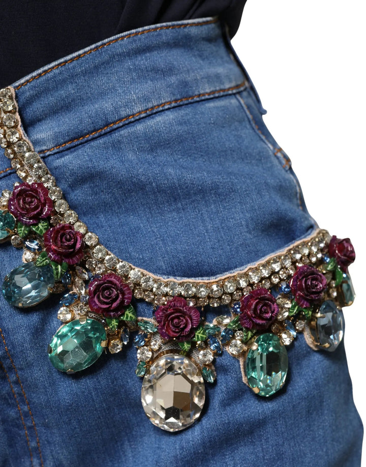 Dolce & Gabbana Sample Sale | Dolce & Gabbana Blue Embellished Wide Cropped Denim Jeans - | Designer outlet