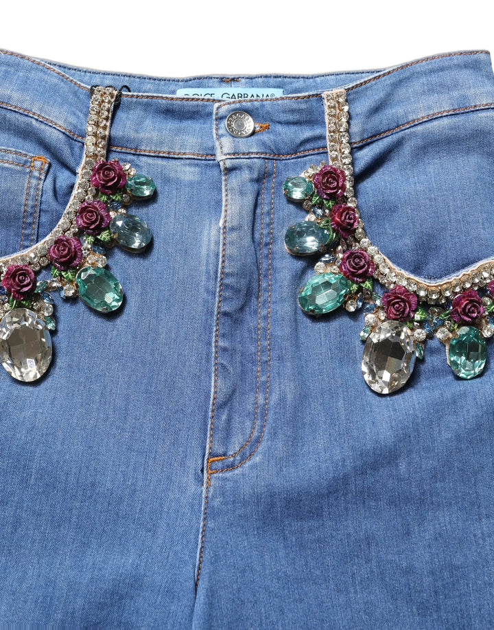 Dolce & Gabbana Sample Sale | Dolce & Gabbana Blue Embellished Wide Cropped Denim Jeans - | Designer outlet