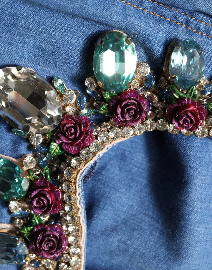Dolce & Gabbana Sample Sale | Dolce & Gabbana Blue Embellished Wide Cropped Denim Jeans - | Designer outlet