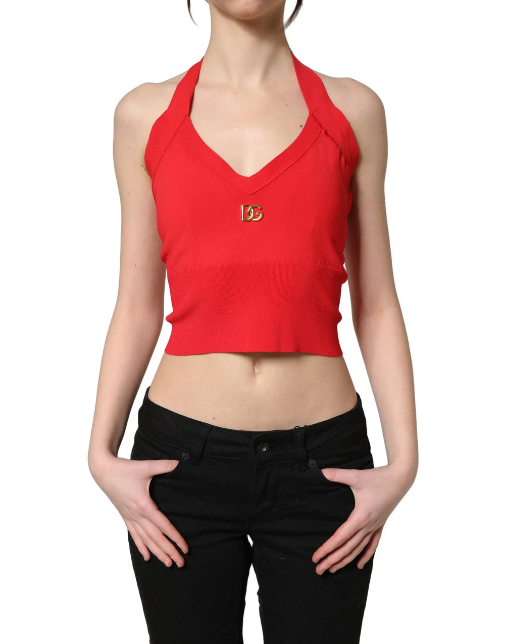 Dolce & Gabbana Sample Sale | Dolce & Gabbana Red Viscose Sleeveless Halter Crop Tank Top - | Designer outlet