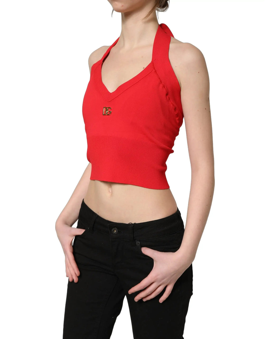 Dolce &amp; Gabbana Sample Sale | Dolce &amp; Gabbana Red Viscose Sleeveless Halter Crop Tank Top - | Designer outlet