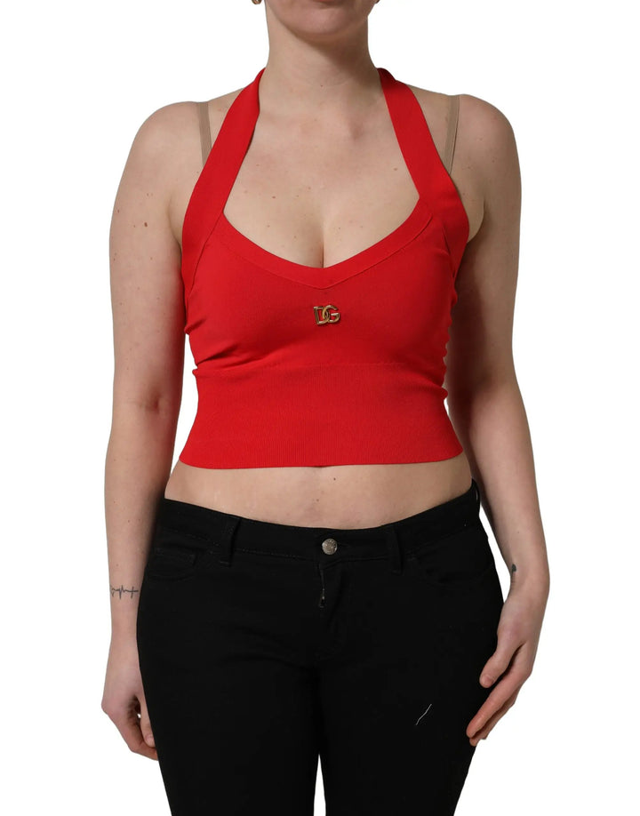 Dolce & Gabbana Sample Sale | Dolce & Gabbana Red Viscose Sleeveless Halter Crop Tank Top - | Designer outlet