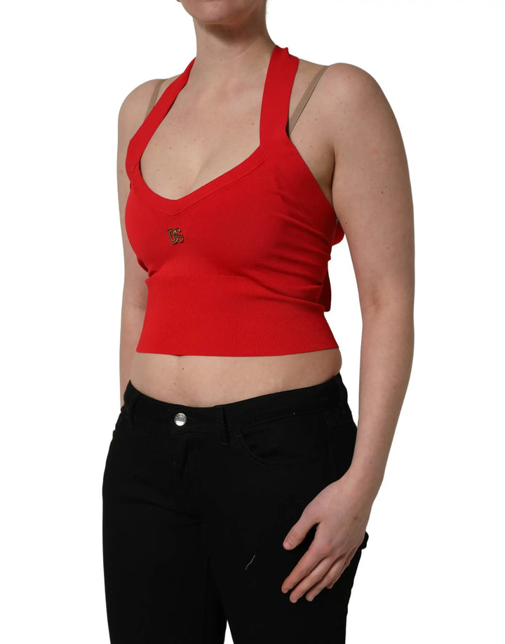 Dolce & Gabbana Sample Sale | Dolce & Gabbana Red Viscose Sleeveless Halter Crop Tank Top - | Designer outlet