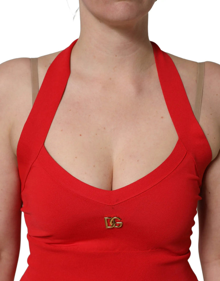 Dolce & Gabbana Sample Sale | Dolce & Gabbana Red Viscose Sleeveless Halter Crop Tank Top - | Designer outlet