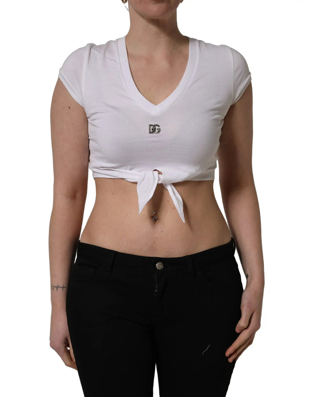 Dolce & Gabbana Sample Sale | Dolce & Gabbana White Logo Embroidered Tie Waist Cropped Top - | Designer outlet