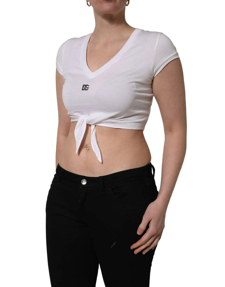 Dolce &amp; Gabbana Sample Sale | Dolce &amp; Gabbana White Logo Embroidered Tie Waist Cropped Top - | Designer outlet