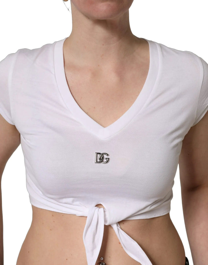 Dolce &amp; Gabbana Sample Sale | Dolce &amp; Gabbana White Logo Embroidered Tie Waist Cropped Top - | Designer outlet