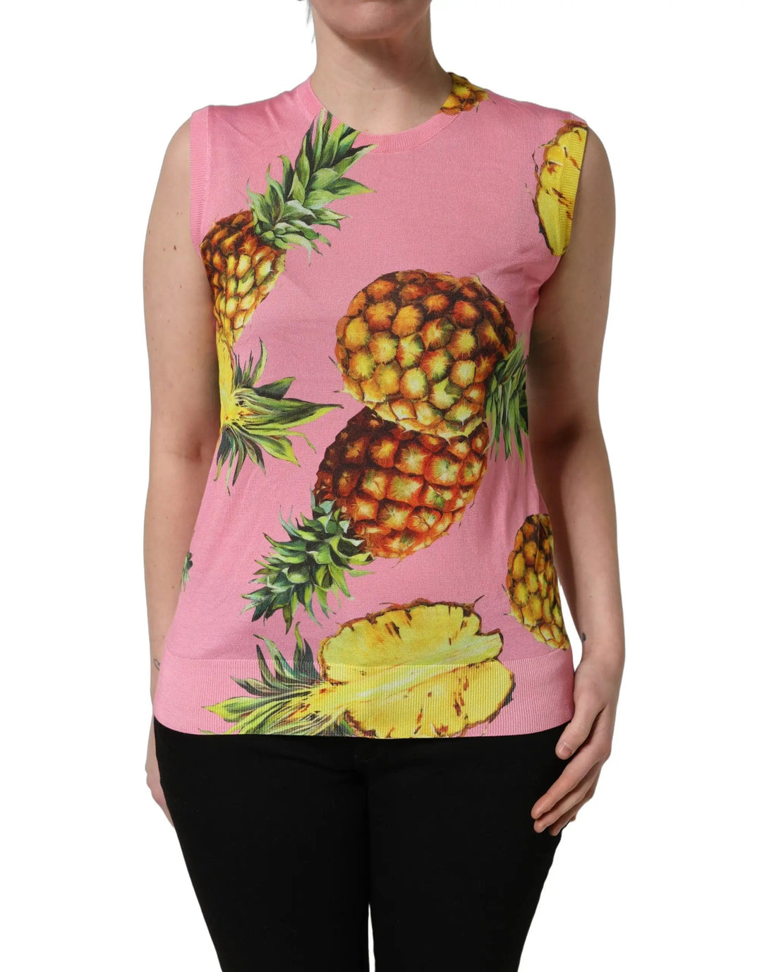 Dolce & Gabbana Sample Sale | Dolce & Gabbana Pink Pineapple Roundneck Sleeveless Tank Top - | Designer outlet