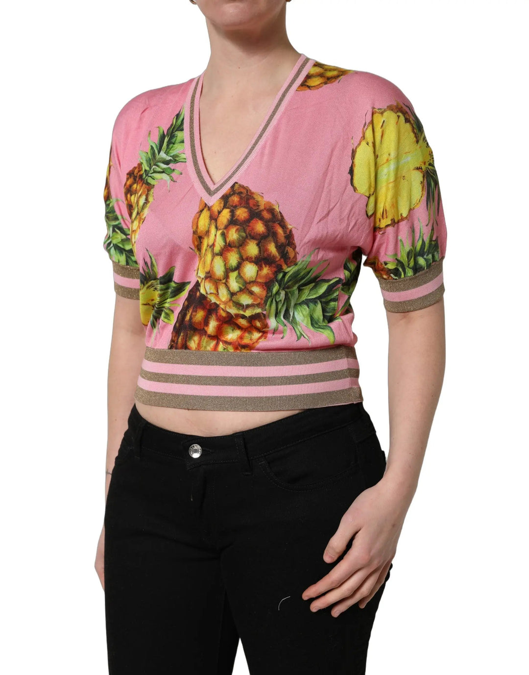 Dolce &amp; Gabbana Sample Sale | Dolce &amp; Gabbana Pink Pineapple Vneck Short Sleeve Cropped Top - | Designer outlet