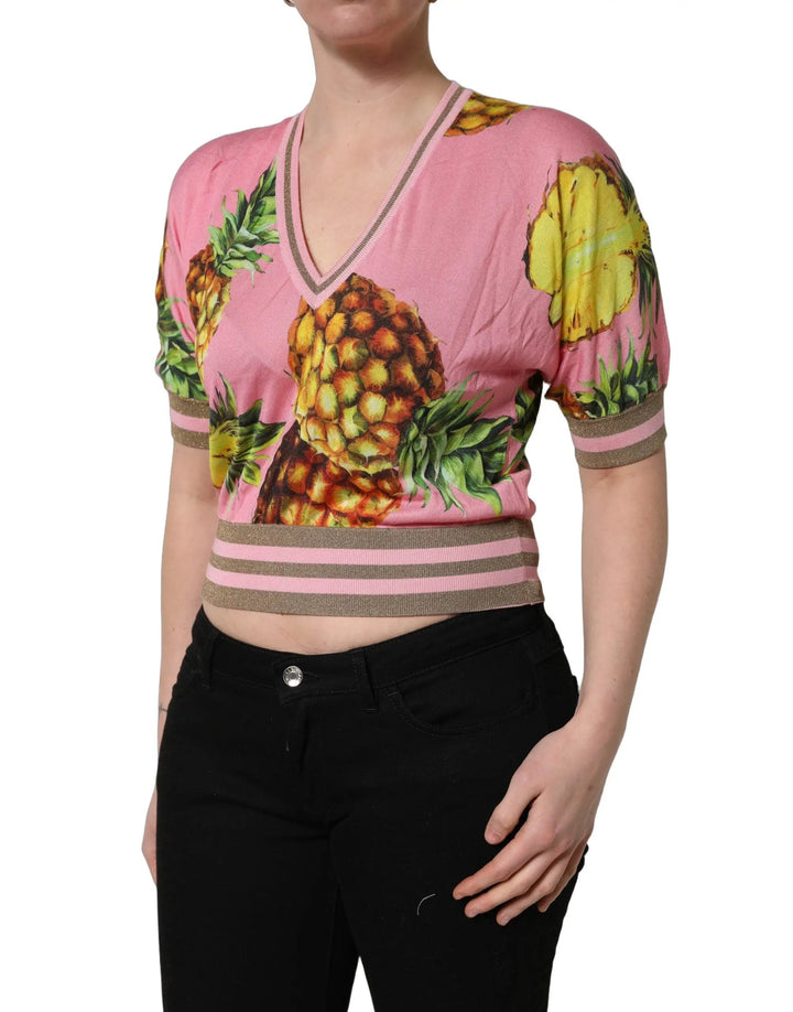 Dolce &amp; Gabbana Sample Sale | Dolce &amp; Gabbana Pink Pineapple Vneck Short Sleeve Cropped Top - | Designer outlet