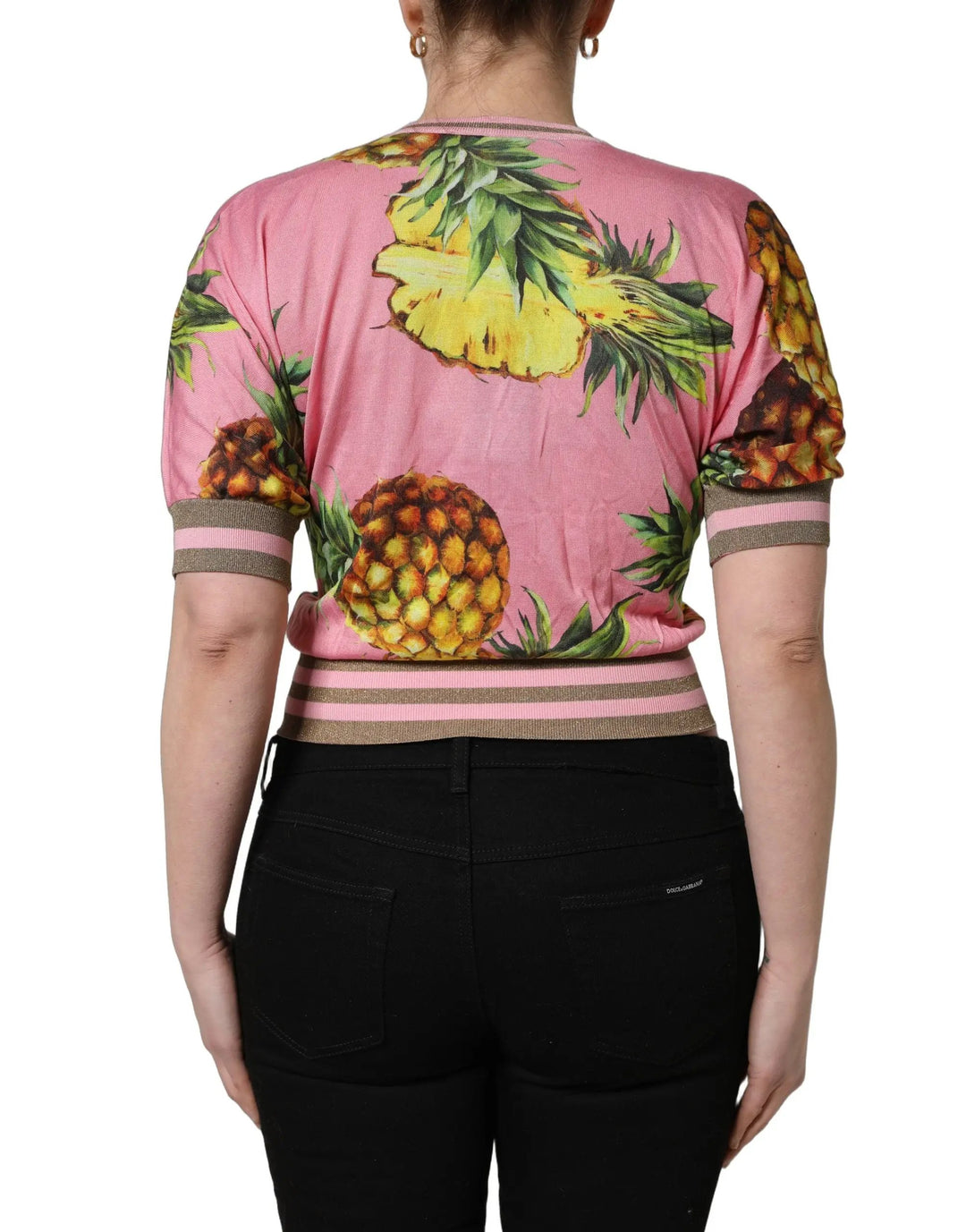 Dolce &amp; Gabbana Sample Sale | Dolce &amp; Gabbana Pink Pineapple Vneck Short Sleeve Cropped Top - | Designer outlet