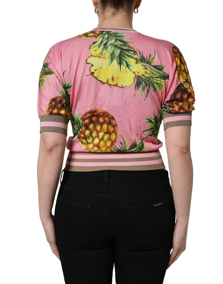 Dolce &amp; Gabbana Sample Sale | Dolce &amp; Gabbana Pink Pineapple Vneck Short Sleeve Cropped Top - | Designer outlet
