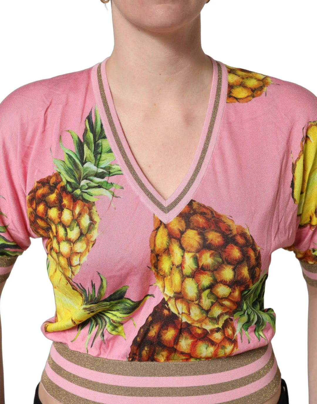 Dolce &amp; Gabbana Sample Sale | Dolce &amp; Gabbana Pink Pineapple Vneck Short Sleeve Cropped Top - | Designer outlet