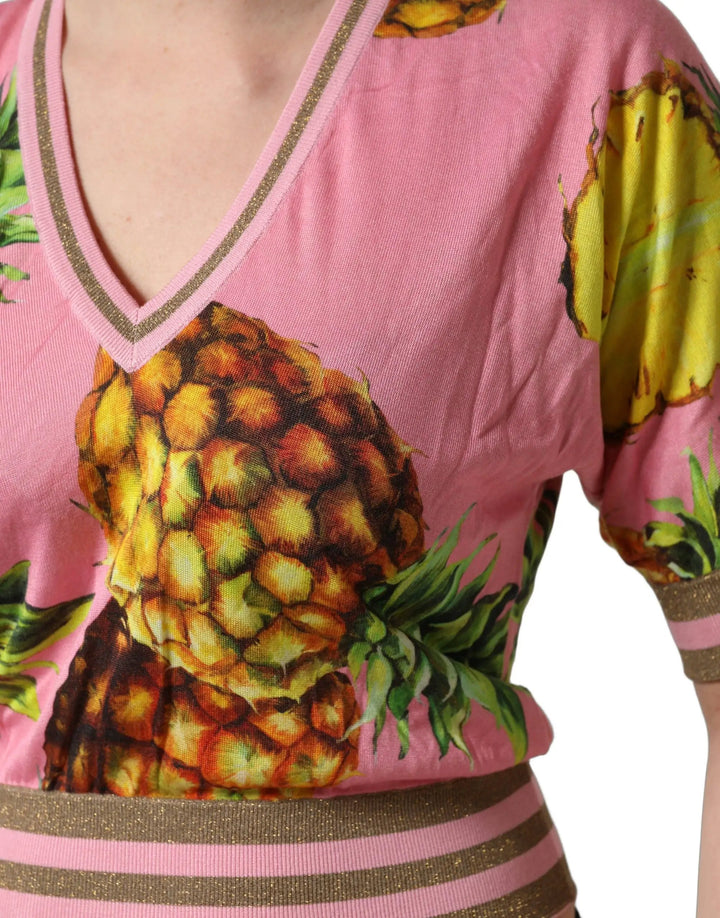 Dolce &amp; Gabbana Sample Sale | Dolce &amp; Gabbana Pink Pineapple Vneck Short Sleeve Cropped Top - | Designer outlet