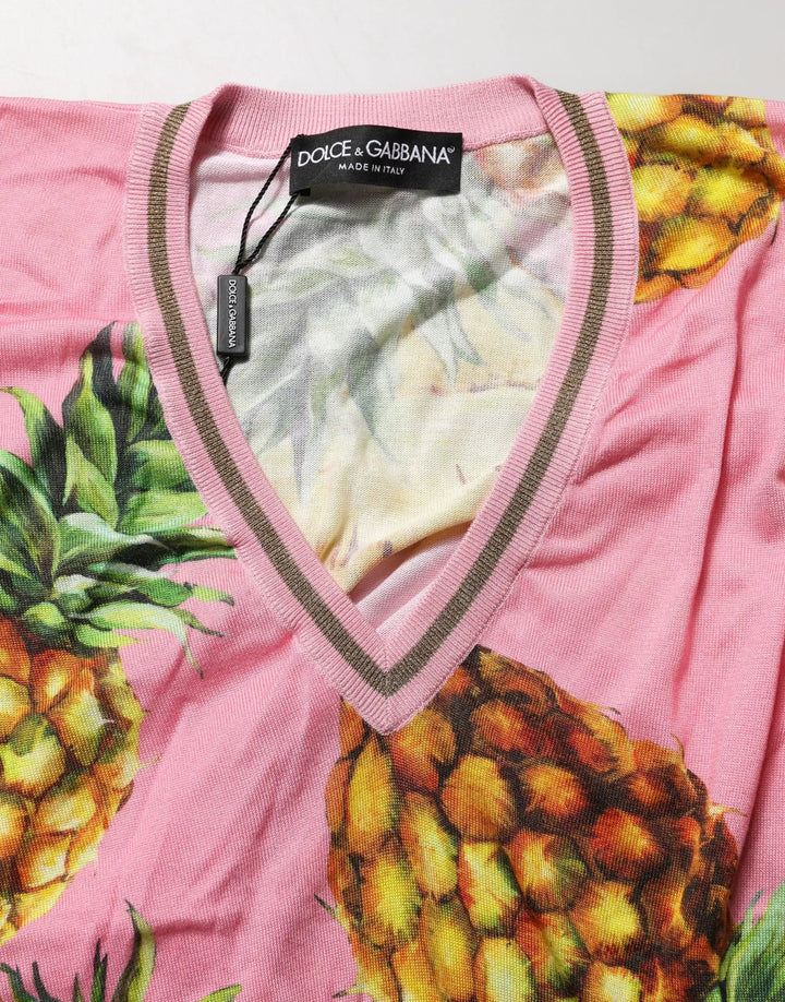 Dolce &amp; Gabbana Sample Sale | Dolce &amp; Gabbana Pink Pineapple Vneck Short Sleeve Cropped Top - | Designer outlet