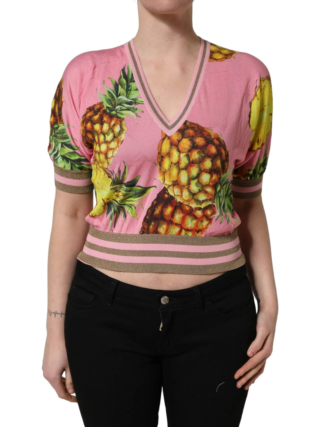 Dolce & Gabbana Sample Sale | Dolce & Gabbana Pink Pineapple Vneck Short Sleeve Cropped Top - | Designer outlet