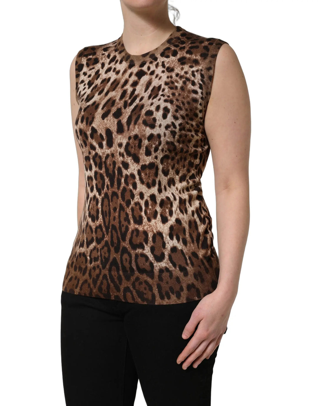 Dolce & Gabbana Sample Sale | Dolce & Gabbana Brown Leopard Crew Neck Sleeveless Tank Top - | Designer outlet