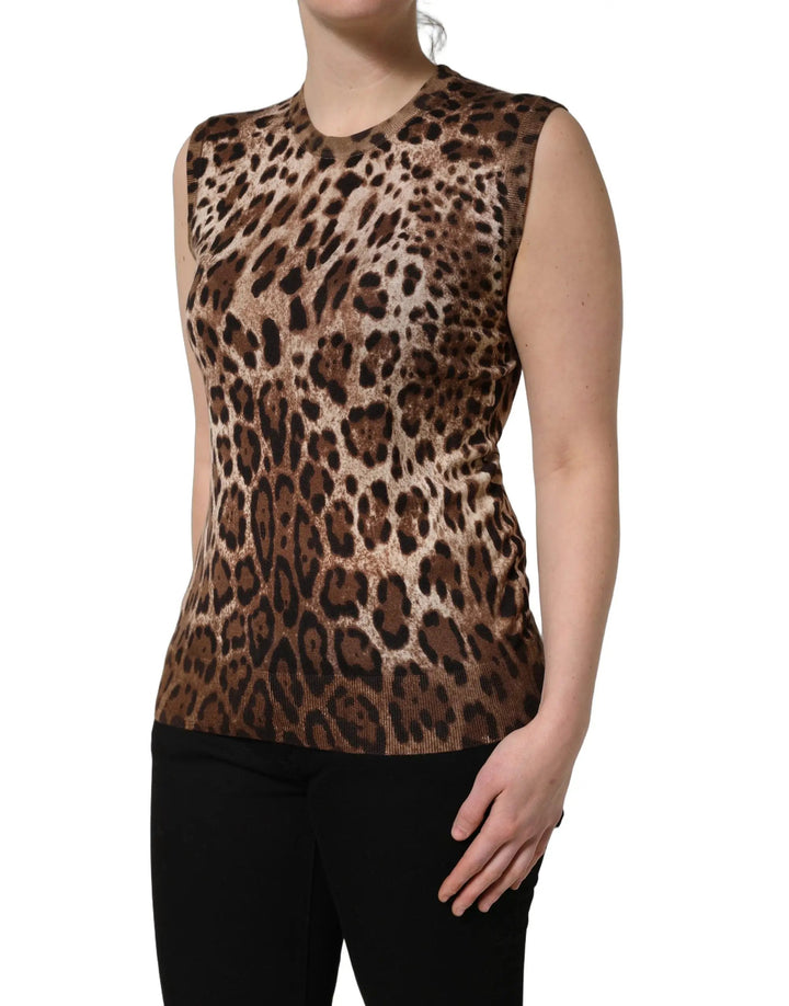 Dolce & Gabbana Sample Sale | Dolce & Gabbana Brown Leopard Crew Neck Sleeveless Tank Top - | Designer outlet