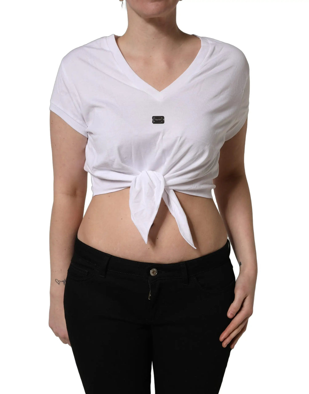 Dolce & Gabbana Sample Sale | Dolce & Gabbana White Logo Embroidered TieWaist Cropped Top - | Designer outlet