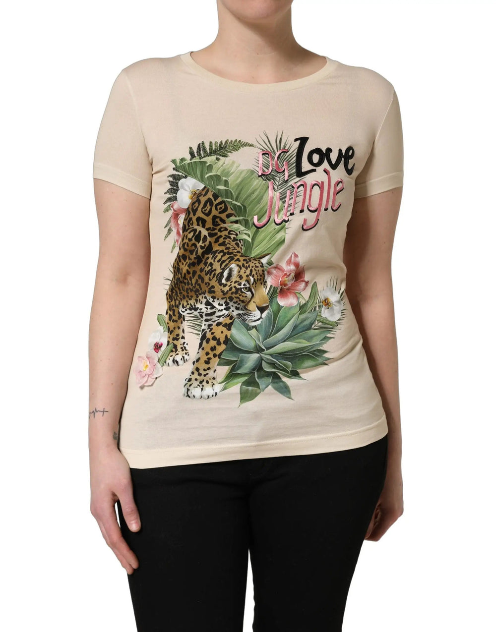 Dolce & Gabbana Sample Sale | Dolce & Gabbana Beige Jungle Print Cotton Round Neck T-Shirt - | Designer outlet