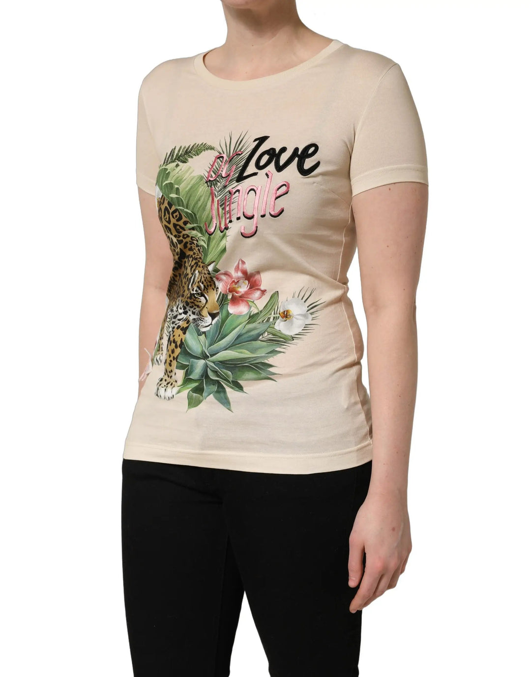 Dolce &amp; Gabbana Sample Sale | Dolce &amp; Gabbana Beige Jungle Print Cotton Round Neck T-Shirt - | Designer outlet